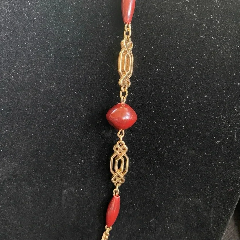 Vintage Signed Sarah Cov Gold Tone and Red Resin Beads